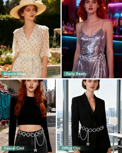 AWAYTR Cute Chain Belts for Women - Metal Waist Chain Belt for Dresses Jeans Country Concert Outfit - color: Silver-circle