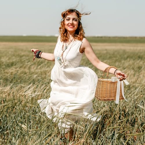 Pumtus Handwoven Rattan Handbag, Wicker Rectangle Basket Purse with White Ribbon, Summer Beach Top Handle Clutch, Boho Style Woven Purse, Rustic Flower Basket for Women, Travel, Vacation, Wedding