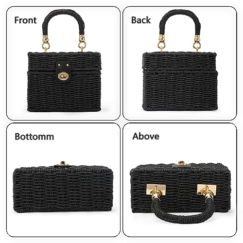 Fecialy Women Handwoven Rattan Handbag Beach Straw Tote Bag Square Boho Crossbody Bag - color: Black