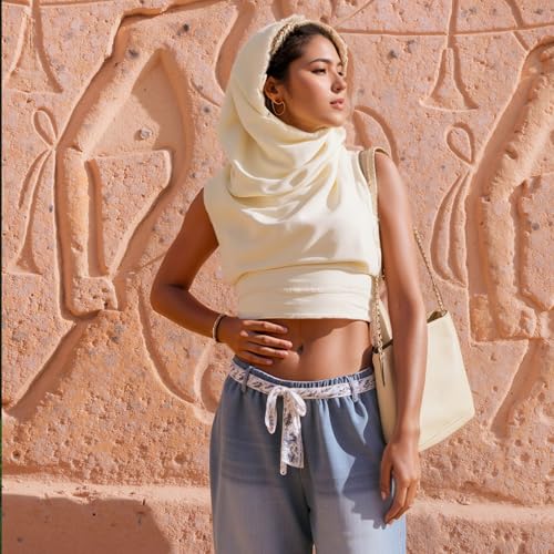 Boho Raw-Edge Crop Top – Adjustable Halter with Open Back & Cross-Wrap Design, 100% Cotton Beach Cover Up - color: Beige