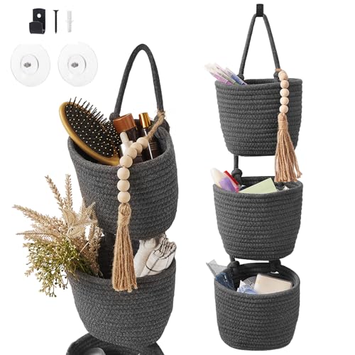 Fabric Wall Hanging Organizers - Small Woven Baskets Pouches Set Boho Style Wall Mounted Bag with Adhesive Hook, Storage Decoration Pocket Caddy for Closet Playroom RV Nursery (Gray & Black) - color: Gray & Black