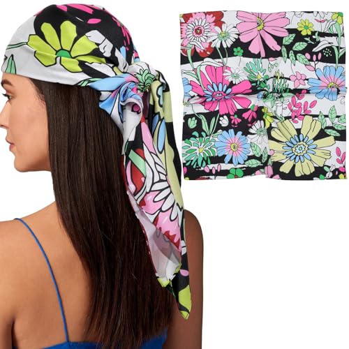 AWAYTR 35” Silk Scarf for Women Large Head Scarf Square Hair Scarf Satin Hair Bandana Printed Silk Sleeping Head Wrap - color: Cartoon Flower(white&black)