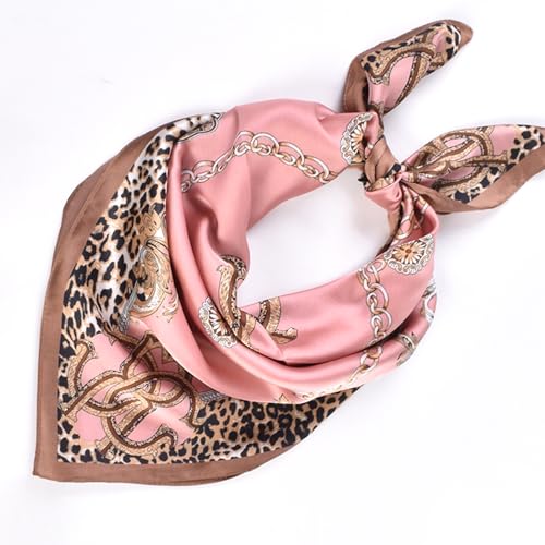 27.5 Inches Silk Head Scarf for Women Satin Hair Scarf Silk Wrap Neck Square Scarves Feeling Scarf Boho Headwear - color: Pink-leopard Print Chain