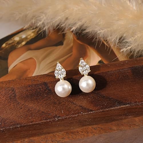 Hayopi Pearl Earrings for Women - Dainty Gold Dangle Drop Earrings, 14k Gold Plated Cute Bow Design, Hypoallergenic Pearl Studs, Wedding Jewelry Gifts - color: GOLD-Sharp CZ earrings