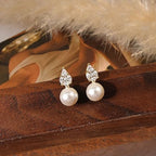 Hayopi Pearl Earrings for Women - Dainty Gold Dangle Drop Earrings, 14k Gold Plated Cute Bow Design, Hypoallergenic Pearl Studs, Wedding Jewelry Gifts - color: GOLD-Sharp CZ earrings