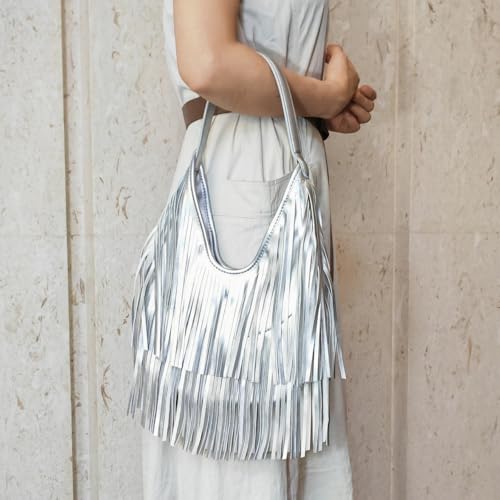 Fringe Hobo Shoulder Bag Vegan Leather Layered Tassel Women Purse Bags | layered tassel - color: Silver
