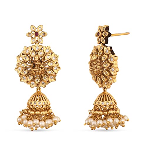 TARINIKA Brass Indian Choker Necklace Set - Gold Plated Cubic Zirconia Indian Jewelry Sets for Women Dangle, Drop, Jhumka Earrings Traditional Desi Necklace Pearls Gift for her - style: Anusri Antique(White Green)