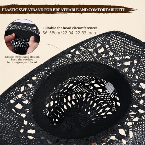 Straw Cowboy Hat for Men Womens Straw Cowgirl Hat Summer Western Cowboy Hats with Wide Brim for Cowgirls and Cowboys - color: Black