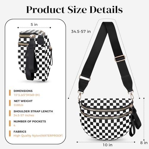 Spacious Nylon Checkered Crossbody Bum Bag for Women, Fashion Checkerboard Fanny Pack Purse with Anti-theft Pocket, Adjustable Wider Strap Wasit Bag (Black-White) - color: black-white