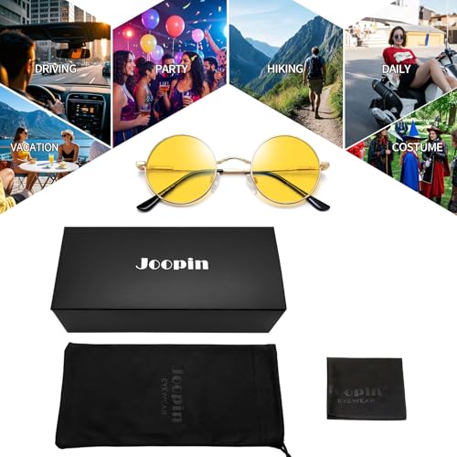 Joopin Retro Small Round Sunglasses Hippie Circle Sun Glasses Polarized UV400 Protection Metal Shades for Men Women - color: Golden Frame Yellow Change Red Lens