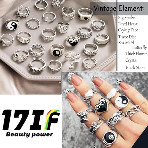 17IF 26-35 Pcs Vintage Silver Knuckle Rings Set for Women Men, Grunge Gothic Rings Chunky Aesthetic Snake Stackable Adjustable Punk Bulky Finger Alt Fairy Skull Frog Heart Star Flower Midi Ring Pack - style: Bohemian, Vintage, Antique