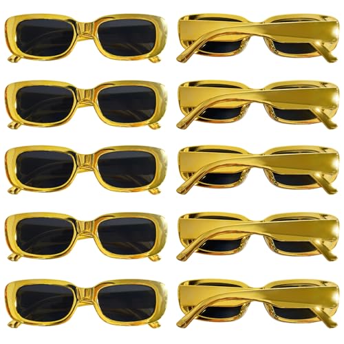 10 Pack Neon/Black Rectangle Sunglasses Bulk for Women Men Retro Trendy Small Rectangle Glasses Party Favors - color: Metallic Gold