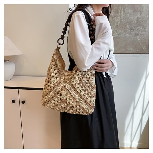 OANEXX Summer Straw Hobo Bags for Women Boho Woven Mesh Beach Tote Bag Large Capacity Crochet Vacation Shoulder Handbag - color: Deep Khaki