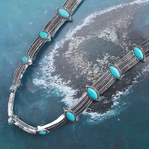 Vintage Turquoise Choker Necklace Silver Oval Turquoise Necklace Station Turquoise Bead Necklace Metal Chain Collar Necklace Jewelry for Women