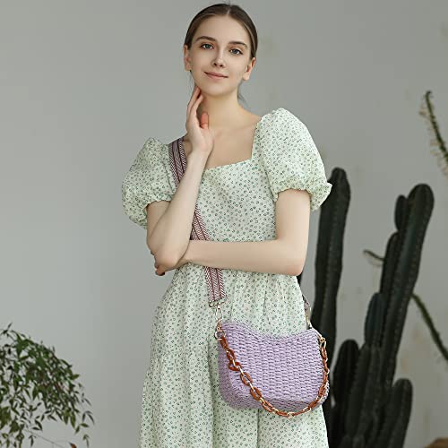 Herald Small Summer Crossbody Bags for Women, Beach Handmade Straw Woven Pocketbooks Handbag Shoulder Purse - color: Purple
