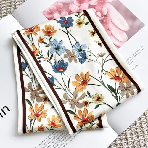 Silk Head Scarf for Hair Fashion Headwrap for Women Lightweight Neck Tie - color: X001-yellow & Blue Flowers