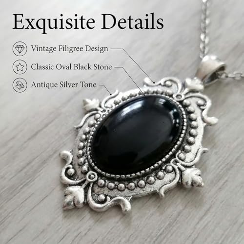 Gothic Vintage Gem Pendant Necklace | Victorian Style Filigree Silver-Tone Jewelry | Ideal Gift for Party Cosplay & Daily Wear - color: Black