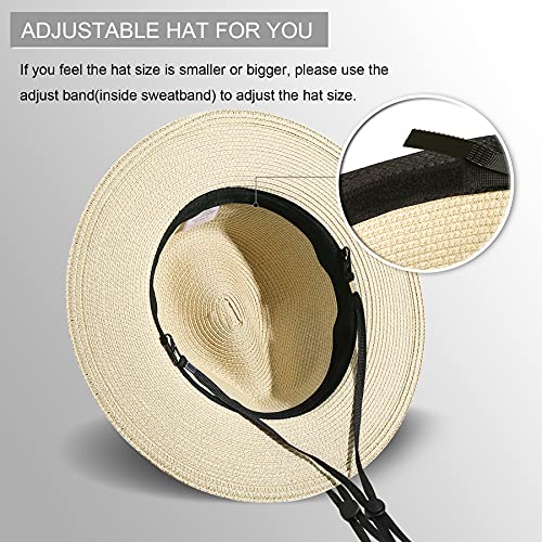 Lanzom Women Wide Brim Straw Panama Roll up Hat Fedora Beach Sun Hat UPF50+ - color: Khaki, size: One Size-Medium