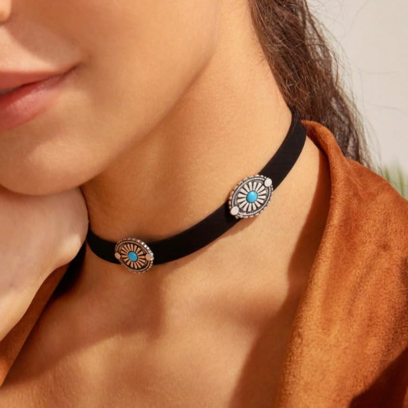 Western Turquoise Choker Necklace for Women Gothic Black Choker Necklaces Boho Summer Cowgirl Rodeo Country Concert Outfits Jewelry Accessories - color: Black Turquoise