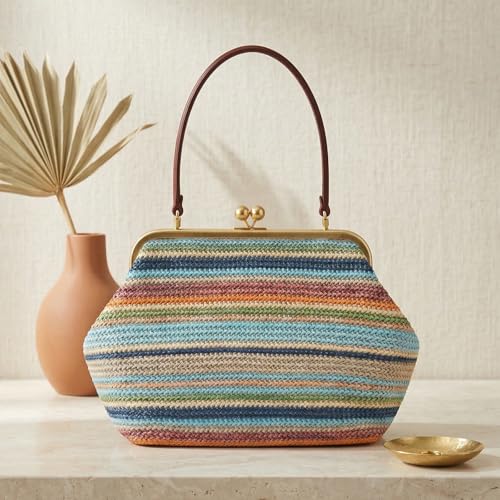 Kiss Lock Woven Bag, Large Capacity Straw Rainbow Handbags for Vacation Travel Shopping, Summer Straw Shoulder Bags - color: Style 1