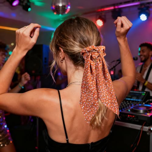 Boho Hair Scarf Scrunchies for Women Bow Hair Ties Floral Hair Scrunchies Silk Elastic Ponytail Holder Hair Accessories for Girls 4 pcs (Flower-1) - color: Flower-1