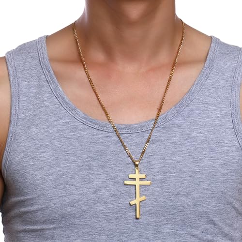 Men's Orthodox Cross Pendant Necklace - Trendy Religious Cross Chain,Hypoallergenic Waterproof Stainless Steel Christian Long Necklaces,Non Tarnish Byzantine Cross Symbol Pendants Necklace for Him - color: Gold+Silver