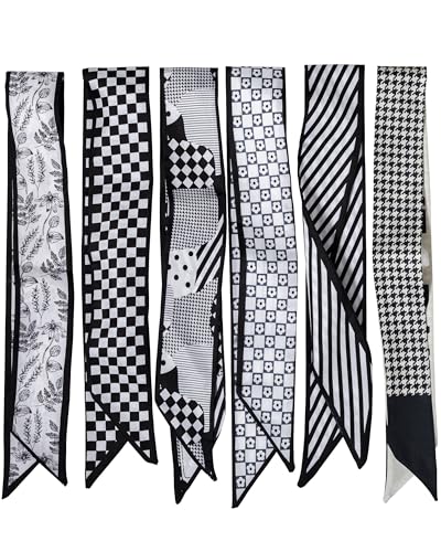 ZXZH 6 Pack Fashion Scarves for Women, Versatile Boho Head Scarf, Satin Scarf for Hair, Neck, Wrist, and Purse Accessories - color: Black & White Check