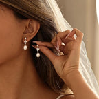 Hayopi Pearl Earrings for Women - Dainty Gold Dangle Drop Earrings, 14k Gold Plated Cute Bow Design, Hypoallergenic Pearl Studs, Wedding Jewelry Gifts - color: GOLD-Long 3 leaf earrings