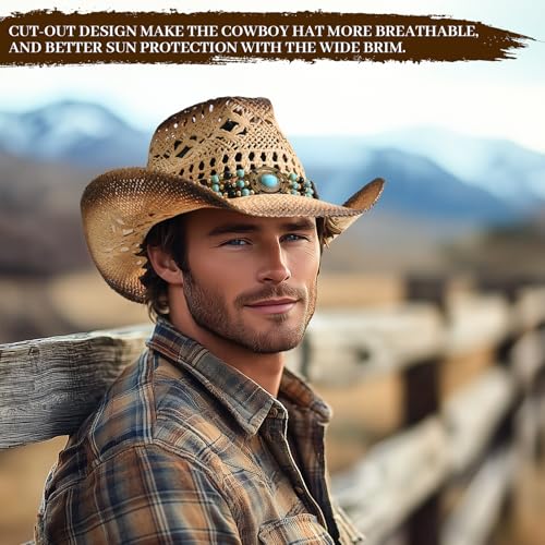 Straw Cowboy Hat for Men Womens Straw Cowgirl Hat Summer Western Cowboy Hats with Wide Brim for Cowgirls and Cowboys - color: Beige 5#