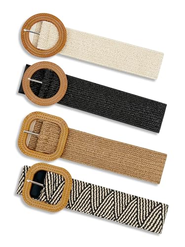 2/4 Pack Straw Woven Elastic Stretchy Waist Belts for Women, Fashion Boho Waist Belt Rattan Raffia Ladies Belts - color: Bohemian Color, size: Large