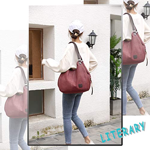 DOURR Women's Multi-pocket Shoulder Bag Fashion Cotton Canvas Handbag Tote Purse - color: Purple Coffee - Large Size