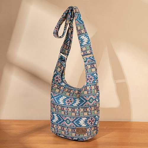 Coton Pose Women Hippie Crossbody Bag - Top Zip Large Capacity Canvas Sling Bag - Jacquard Cloth Handmade - color: Boho Blue