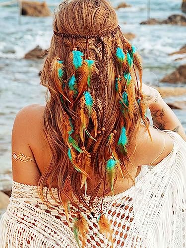 GORTIN Boho Feather Headband Gypsy Costume Headdress Black Bohemian Hippie Headbands Indian Festival Hair Band Adjust Long Feather Headpiece Hair Accessory for Women and Girls (Blue+Brown) - color: Blue+Brown