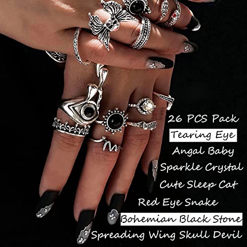 17IF 26-35 Pcs Vintage Silver Knuckle Rings Set for Women Men, Grunge Gothic Rings Chunky Aesthetic Snake Stackable Adjustable Punk Bulky Finger Alt Fairy Skull Frog Heart Star Flower Midi Ring Pack - style: 26 Crying
