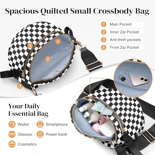 Spacious Nylon Checkered Crossbody Bum Bag for Women, Fashion Checkerboard Fanny Pack Purse with Anti-theft Pocket, Adjustable Wider Strap Wasit Bag (Black-White) - color: black-white