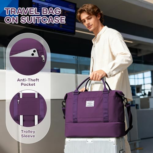 Travel Duffel Bag, 18x14x8 Inches Travel Bag Spirit with Shoes Compartment, Weekender Overnight Bag for Women with Trolley Sleeve, Carry On Bag for Airplanes Sport Tote Gym Bag DeepPurple - color: E20-DeepPurple, size: Large