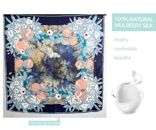 100% Pure Mulberry Silk Scarf 43”*43” Large Square Lightweight Headscarf Women’s Hair Wraps Shawls with Gift Packed - color: Fresh Dark Blue Flowers