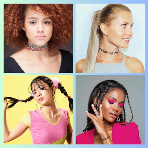 BodyJ4You 24PC Tattoo Choker Necklace - 90s Choker Necklaces Y2K Fashion Trendy Vintage - Daisy Flower Charm Colorful Rainbow Black Goth Pendant - Stretchy Elastic Necklace Summer Gift Set - color: Black