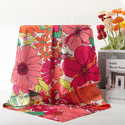 AWAYTR 35” Silk Scarf for Women Large Head Scarf Square Hair Scarf Satin Hair Bandana Printed Silk Sleeping Head Wrap - color: Colorful Flower(rose Red)