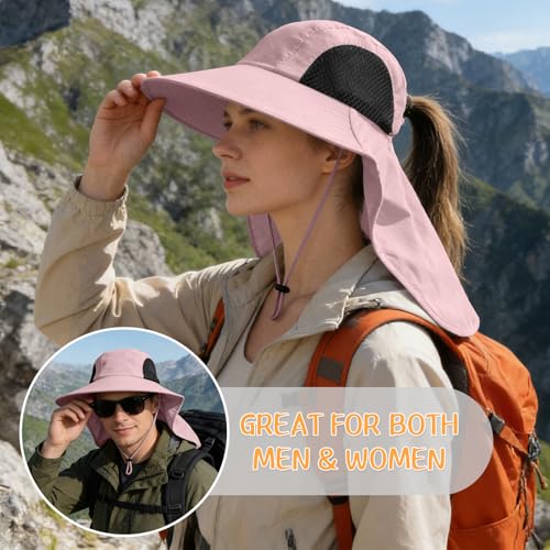 Sun Hat for Men Women with Neck Flap,UPF 50+ UV Protective Hiking Fishing Hats,Wide Brim Sun Hat for Women&Men - color: 1pack-pink