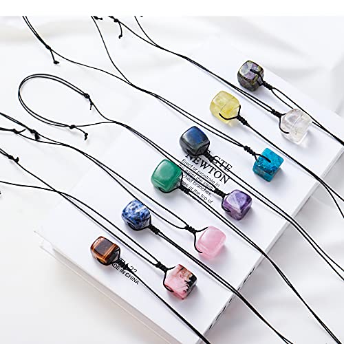 Runyangshi Rhodonite Natural Healing Crystal Square Pendant Tumbled Polished Stones Necklace Meditation Reiki Energy Amulet Bohemia for Men Women Hand-Woven Rope Gift - color: Rhodonite
