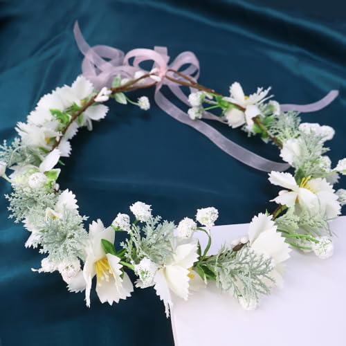 Boho Floral Crown for Women– Adjustable Faux Silk Flower Headband, Handmade Wedding Hair Accessory for Festivals & Photoshoots, Flower Hair Crown for Women (White Flower Leaf, Adjustable) - color: White Flower Leaf