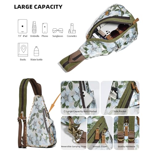 KL928 Canvas Sling Bag - Small Crossbody Backpack Shoulder Casual Daypack Rucksack for Men Women(Embroidery Green) - color: Canvas-embroidery Green