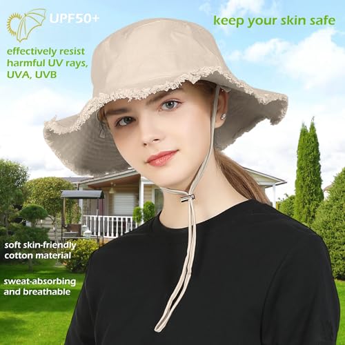 LLmoway Womens UPF50+ Cotton Wide Brim Sun Hat with Strap Ladies Summer Floppy Hats Packable Women Washed Fringes Bucket Hat - color: Khaki