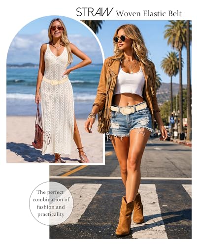 AWAYTR Womens Boho Woven Belt - Easy Care Plastic Elastic Belt with Handmade Raffia Buckle for Daily Vacation Work - color: Beige, size: Fit Waist 26''-31''