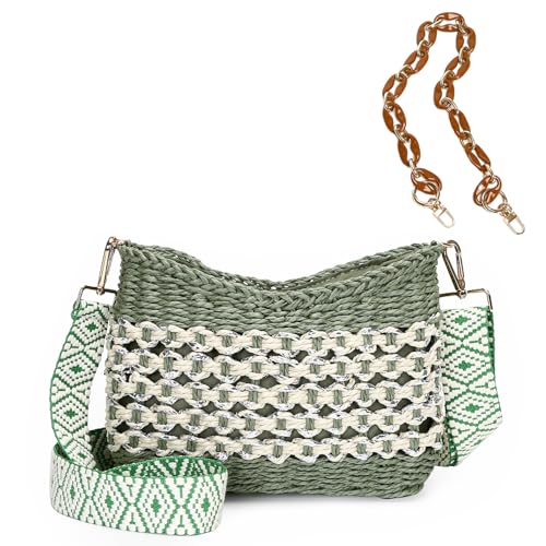 Herald Small Summer Crossbody Bags for Women, Beach Handmade Straw Woven Pocketbooks Handbag Shoulder Purse - color: Green With Silvery Thread