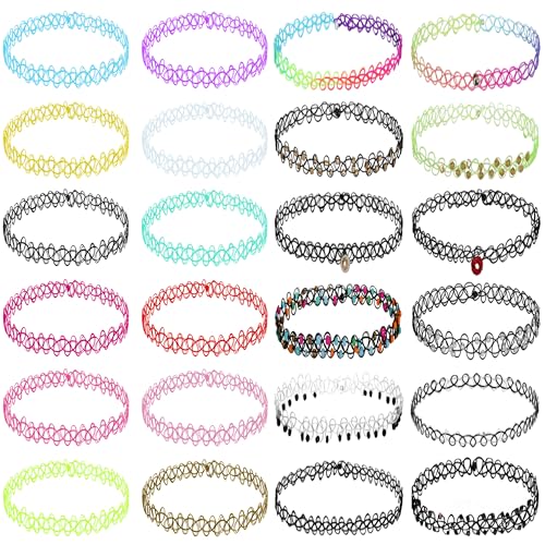 BodyJ4You 24PC Tattoo Choker Necklace - 90s Choker Necklaces Y2K Fashion Trendy Vintage - Daisy Flower Charm Colorful Rainbow Black Goth Pendant - Stretchy Elastic Necklace Summer Gift Set - color: Black, Rainbow, Pink, Purple, Green, Yellow