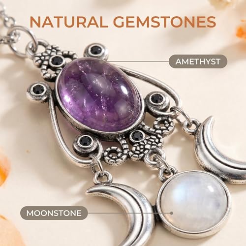 Gothic Vintage Gem Pendant Necklace | Victorian Style Filigree Silver-Tone Jewelry | Ideal Gift for Party Cosplay & Daily Wear - color: Purple Triple Moon