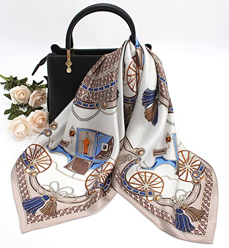 ANDANTINO 100% Mulberry Silk Square Scarf for Hair-25.6" X25.6'' Women Men Natural Silk Neckerchief Digital Printed Headscarf - color: Carriage-tan