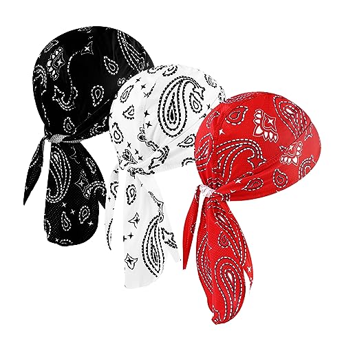 DOCILA 3 Pcs Do Rags for Men Skull Cap Bandana Hat Breathable Helmet Linner Beanie - color: Blackwhitered